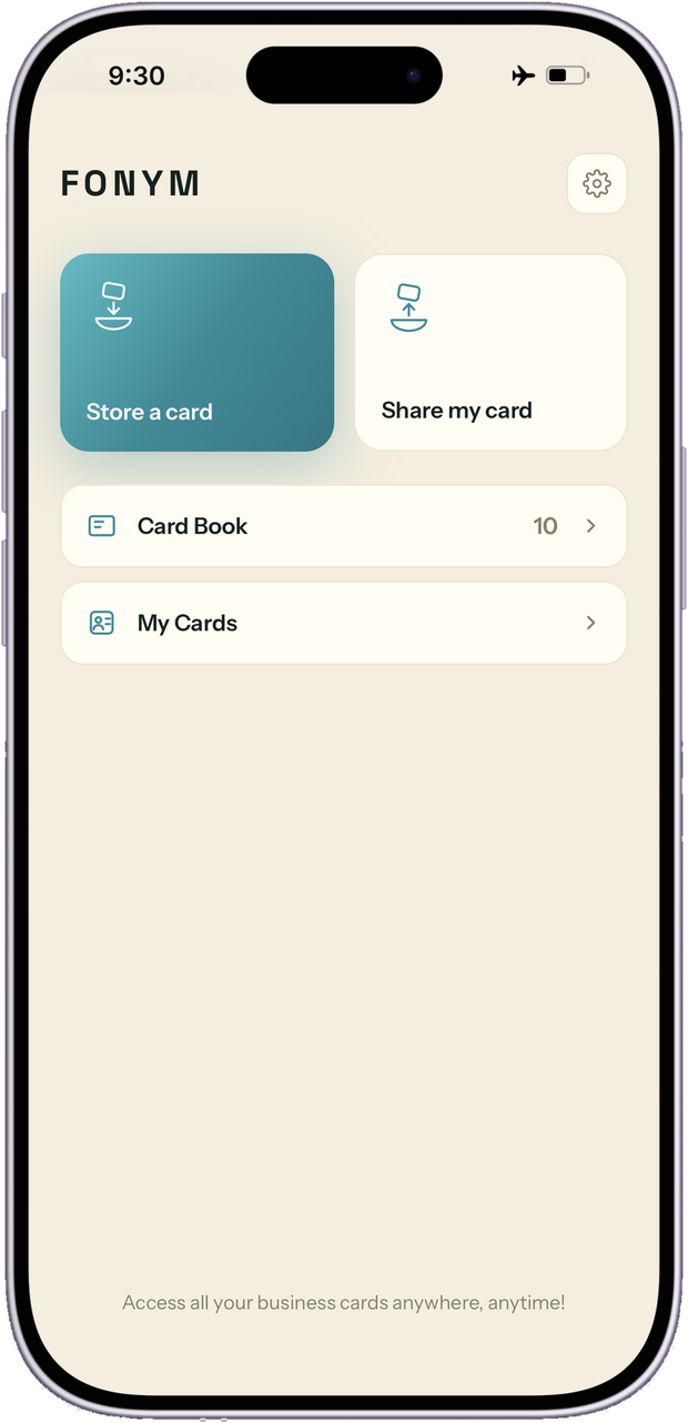 Fonym's Home screen on iPhone: Store a card, Share my card, Card Book and My Cards