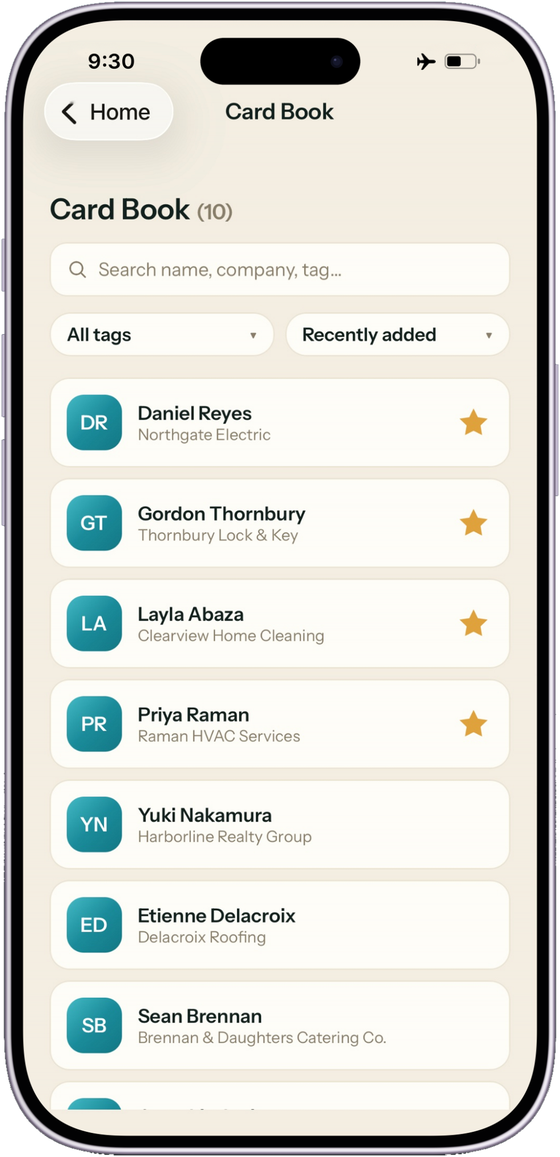 Fonym's Card Book on iPhone: a searchable list of saved business contacts