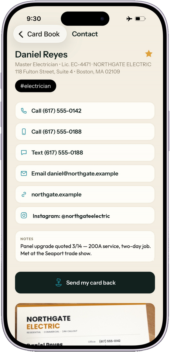A saved contact in Fonym with call, text, email, website and Instagram buttons, notes and the card photo