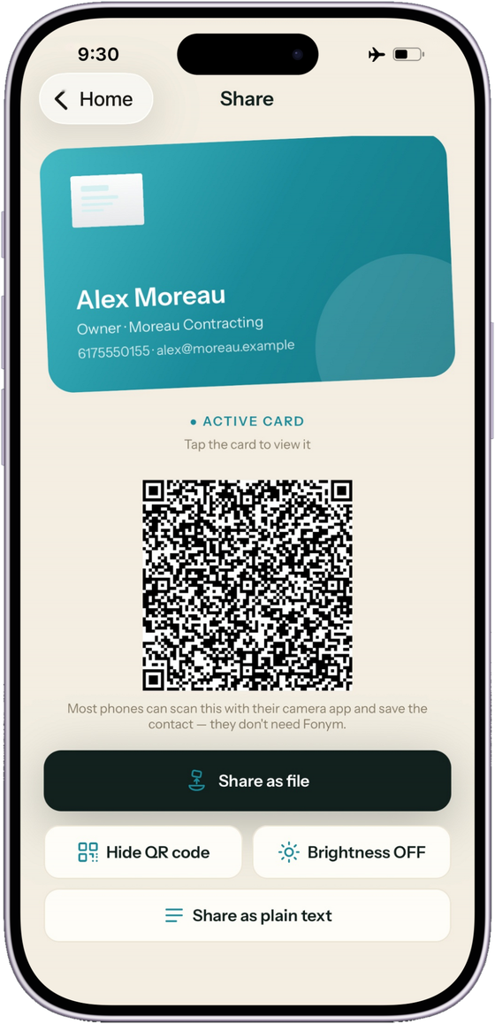 Fonym's Share screen: your active card above a QR code that carries the whole contact, with Share as file, Hide QR code, Brightness and Share as plain text buttons